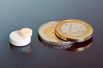 Image showing Stacked pills near pair of euro coins