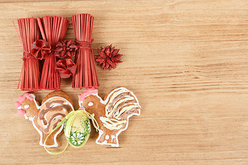 Image showing Easter ginger breads,egg and painted egg