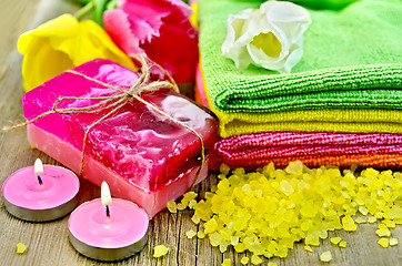 Image showing Soap and bath salt with tulips