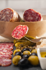 Image showing cold cut platter with pita bread and pickles