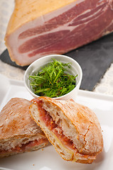 Image showing ciabatta panini sandwich with parma ham and tomato