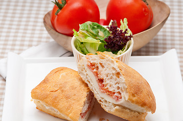 Image showing ciabatta panini sandwich with parma ham and tomato