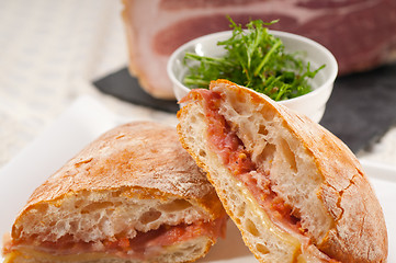 Image showing ciabatta panini sandwich with parma ham and tomato