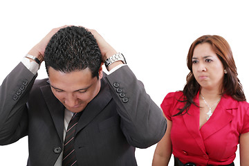 Image showing Young couple couple conflict, isolated over white background 