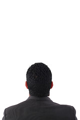 Image showing back of pensive businessman looking up isolated on white backgro