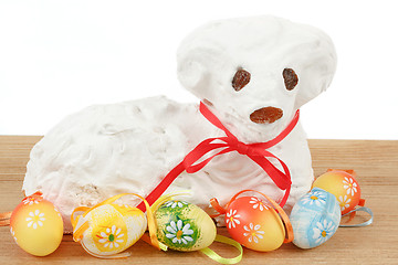 Image showing white easter lamb with painted eggs