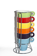 Image showing Stack of colorful empty coffee cups