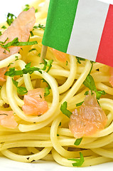 Image showing Spaghetti with salmon