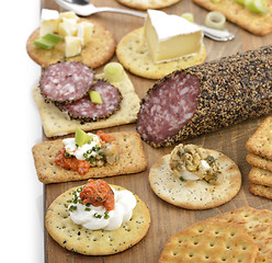 Image showing Cracker With Salami ,Cheese And Dips