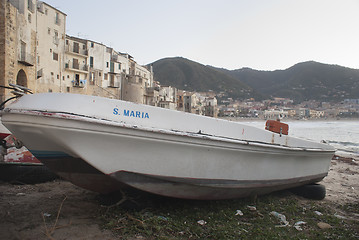 Image showing Bay of cefalu with old boat.