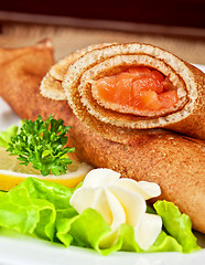 Image showing Pancakes with salmon