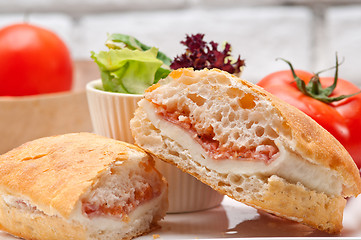 Image showing ciabatta panini sandwich with parma ham and tomato