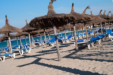 Image showing Many chaise longes on the beach