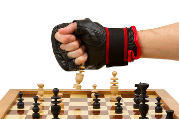 Image showing Playing chess in freefight gloves, isolated