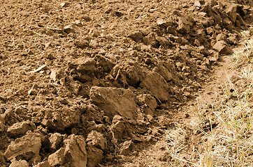 Image showing closeup freshly plowed agricultural field soil 