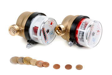 Image showing Water meters and coins with euro money