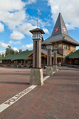 Image showing Arctic circle marking on the pavement. Christmas land, Rovaniemi