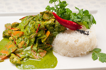 Image showing chicken with green curry vegetables and rice