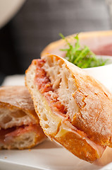 Image showing ciabatta panini sandwich with parma ham and tomato