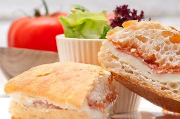 Image showing ciabatta panini sandwich with parma ham and tomato