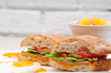 Image showing ciabatta panini sandwich eggs tomato lettuce