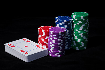 Image showing Stacks of Poker Chips with Playing Cards