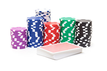 Image showing Stacks of Poker Chips with Playing Cards