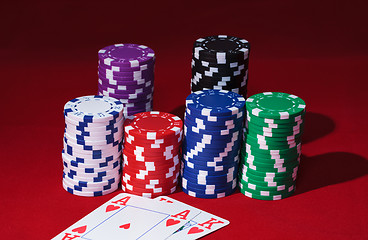 Image showing Stacks of Poker Chips with Playing Cards