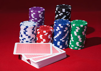 Image showing Stacks of Poker Chips with Playing Cards