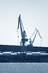 Image showing Shipyard  cranes, black and white toned photo