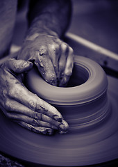 Image showing Old man hands working on pottery wheel