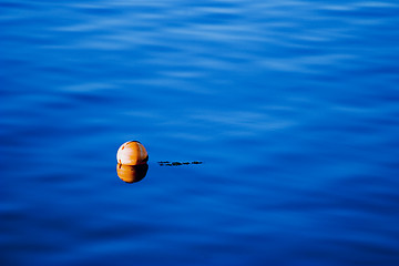 Image showing Orange buoy on blue sea water