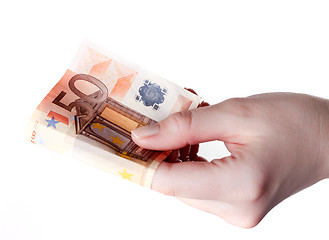 Image showing Hand holding 50 Euro bill , paying concept