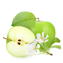 Image showing Green apples with leaf and flowers