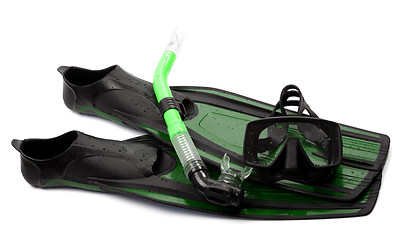 Image showing Mask, snorkel and flippers with water drops