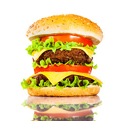 Image showing Tasty and appetizing hamburger on a white