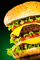 Image showing Tasty and appetizing hamburger on a darkly green