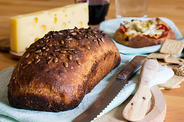 Image showing Bread, cheese and wine