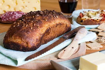 Image showing Bread, salami, cheese and wine