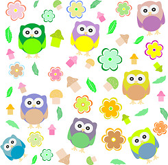 Image showing background with spring elements - owls, mushrooms, flowers