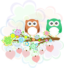 Image showing Background with owls, tree branches and flowers