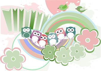 Image showing Background with owl, flowers and birds, raster