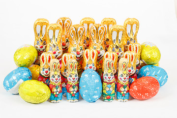 Image showing group of easter chocolate rabbits - bunny and eggs