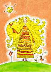 Image showing Happy girl with birds, child's drawing, watercolor painting on paper
