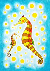 Image showing Seahorses, child's drawing, watercolor painting on paper