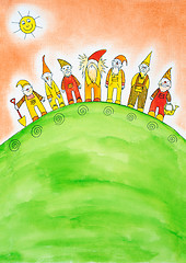 Image showing Seven dwarfs, child's drawing, watercolor painting on paper