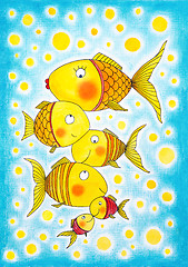 Image showing Group of gold fish, child's drawing, watercolor painting on paper