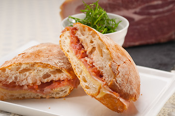 Image showing ciabatta panini sandwich with parma ham and tomato