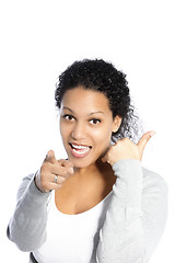 Image showing Vivacious woman pointing at the camera