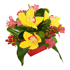 Image showing Colorful flower bouquet from orchids and lilies arrangement cent